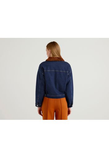 Benetton, Cropped-jacke Mit Denim-effekt, taglia L, Dunkelblau, Damen