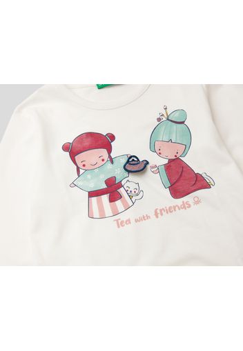 Benetton, T-shirt Mit Japanischen Designs Und Aufnäher, taglia , Cremeweiss, Kinder