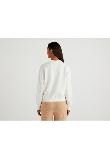 Benetton, Pullover Aus 100% Baumwolle Mit Rundausschnitt, taglia L, Weiss, Damen