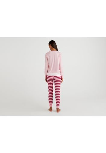 Benetton, Gestreifter Pyjama Aus Langfaseriger Baumwolle, taglia L, Pink, Damen