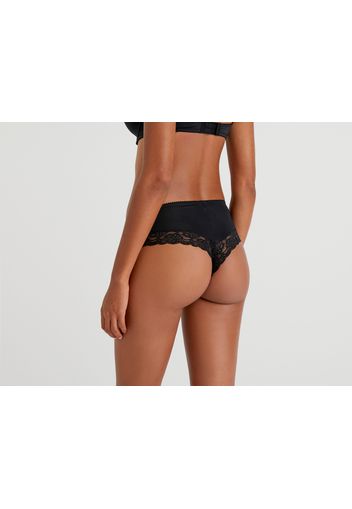 Benetton, Stretchiger Brasilia-slip Mit Spitze, taglia L, Schwarz, Damen