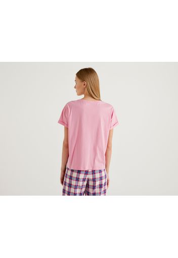 Benetton, T-shirt Aus Langfaseriger Baumwolle Mit Print, taglia L, Pink, Damen