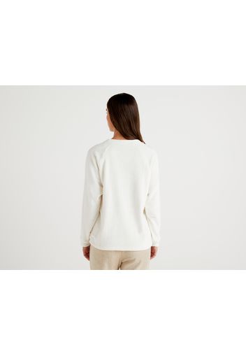 Benetton, Pullover Mit Teddy-stickerei, taglia L, Cremeweiss, Damen