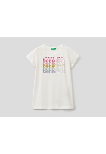 Benetton, T-shirt Aus 100% Bio-baumwolle Mit Glitzerndem Logo, taglia , Cremeweiss, Kinder