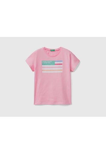 Benetton, T-shirt Aus Bio-baumwolle Mit Glitzerndem Logo, taglia 2XL, Pink, female