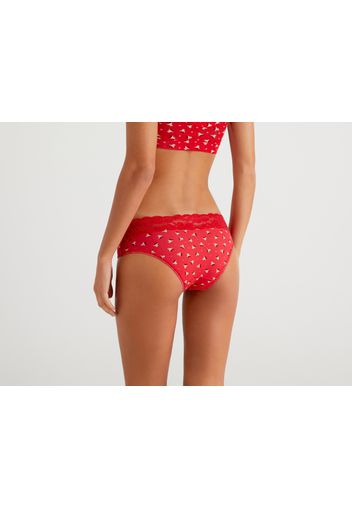 Benetton, Slip Mit Rentier-print Und Spitze, taglia L, Rot, Damen