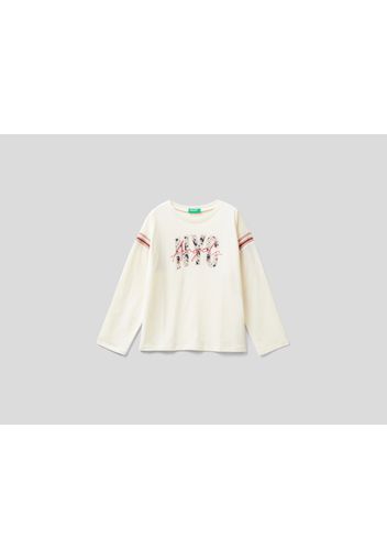 Benetton, T-shirt Aus Warmer Baumwolle Mit Glitterprint, taglia , Cremeweiss, Kinder