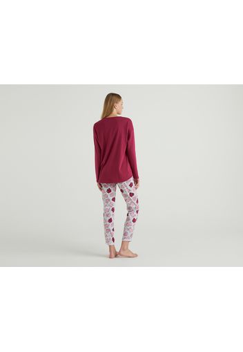 Benetton, Pyjama Aus Warmer Baumwolle Mit Print, taglia L, Pflaume, Damen