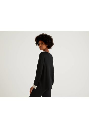 Benetton, Shirt Mit Detail In Spitze, taglia L, Schwarz, Damen