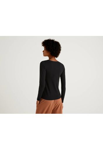 Benetton, Superstretchiges T-shirt Mit Langen Ärmeln, taglia L, Schwarz, Damen