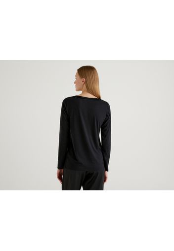 Benetton, Pullover Mit Einsätzen Aus Satin, taglia L, Schwarz, Damen