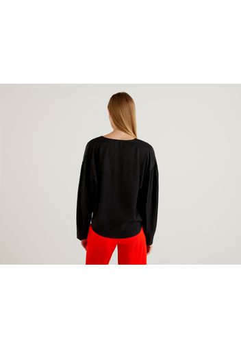 Benetton, Fließende Bluse Mit Knitter-effekt, taglia L, Schwarz, Damen