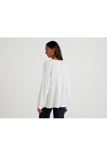 Benetton, Fließende Bluse Mit Rüsche, taglia L, Cremeweiss, Damen