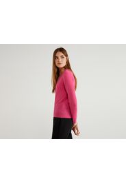 Benetton, Pullover Mit V-ausschnitt Aus 100% Schurwolle, taglia L, Fuchsia, Damen