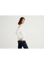 Benetton, Weißer Rollkragenpullover In Einer Mischung Aus Wolle Und Cashmere, taglia L, Cremeweiss, Damen