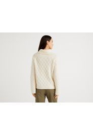 Benetton, Pullover Mit Hohem Kragen Und Einem Spiel Aus Mustern, taglia L, Cremeweiss, Damen