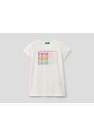 Benetton, T-shirt Aus 100% Bio-baumwolle Mit Glitzerndem Logo, taglia , Cremeweiss, Kinder