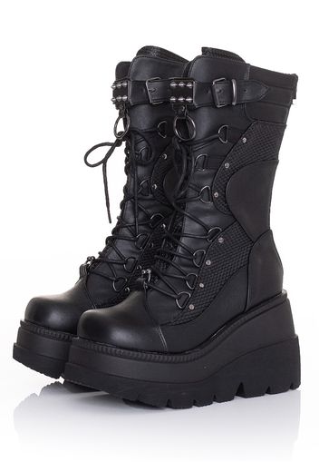 Demonia - Shaker 70 Wedge Lace Up Mid Calf Black Vegan Leather - Stiefel