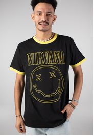 Nirvana - Outline Happy Face Ringer - T-Shirt - Schwarz - L - 60% Baumwolle, 40% Polyester,Jersey
