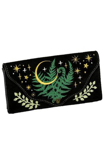 Restyle - Herbal Embroidered Oblong Fern Black/Green - Portemonnaies