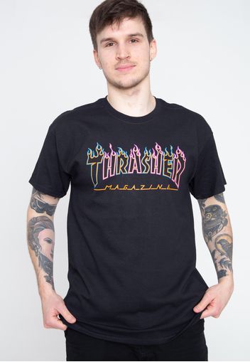 Thrasher - Double Flame Neon Black - - T-Shirts