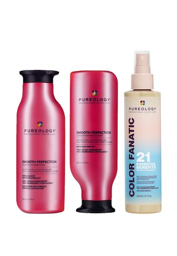 Pureology Smooth Perfection Shampoo, Conditioner and Color Fanatic Spray for Frizz Prone Hair