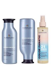 Pureology Strength Cure Blonde Purple Shampoo, Conditioner and Color Fanatic Spray Routine for Toning Brassy Hair