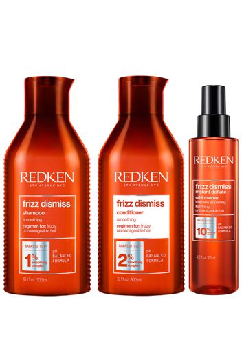 Redken Frizz Dismiss Shampoo, Conditioner and Hair Serum Routine for Smoothing Frizzy Hair