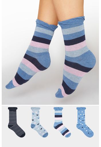 4er pack blaue knöchel socken mit streifen & herzen