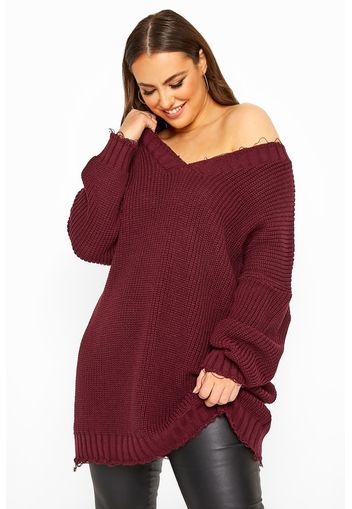 Große größen zerschlissener oversized strickpullover,  burgunder 46-48