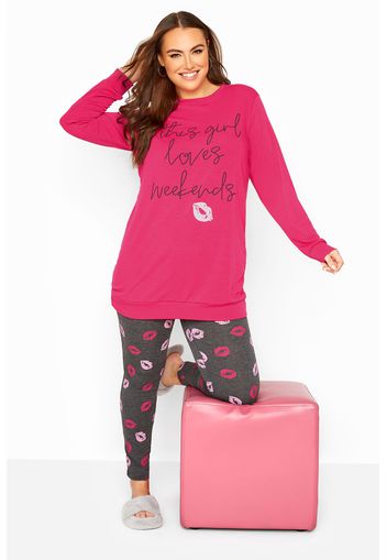 Schlafanzug mit schriftzug und kussdruck, pink & grau