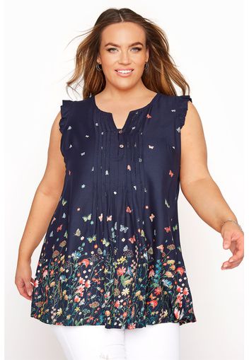 Große größen marineblaue florale, ärmellose bluse  48