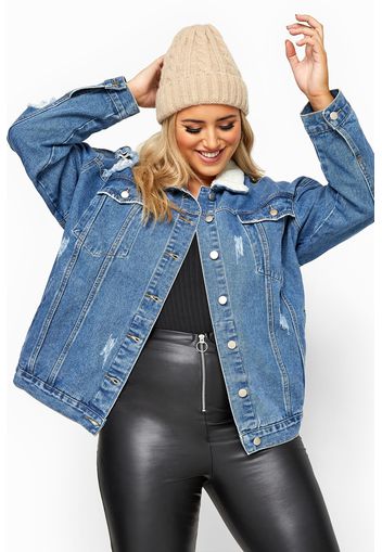 Große größen blaue zerschlissene denimjacke mit teddykragen 48