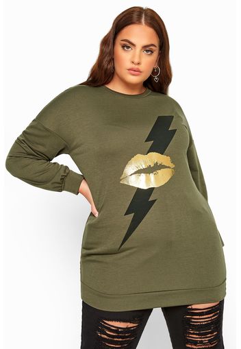 Große größen limited collection sweatshirt mit lippen und blitzgrafik  khaki 50