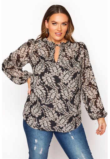 Große größen schwarze paisley bluse mit geschnürtem rüschenausschnitt 54-56