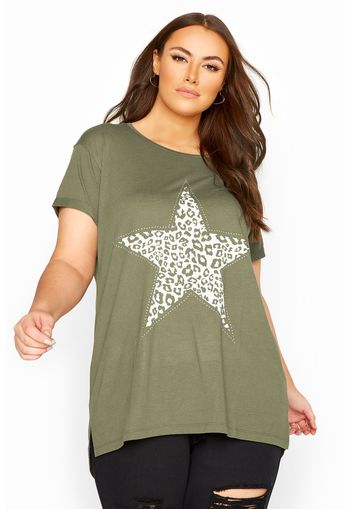 Große größen tshirt mit animal stern print & nieten, khaki 42