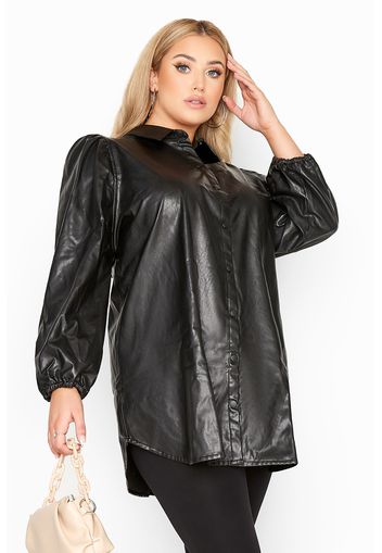 Große größen black leather look puff sleeve shirt 44