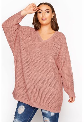 Große größen strickpullover mit spitzendetails am ärmel, alt rosa 50-52