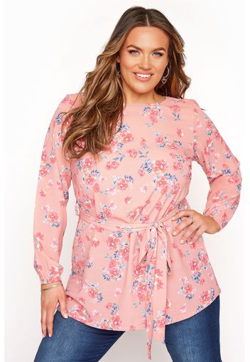 Große größen yours london pinkfarbene florale bluse mit taillengürtel  58-60