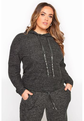 Große größen hoodie mit perlenbesetztem kordelzug, grau meliert 42