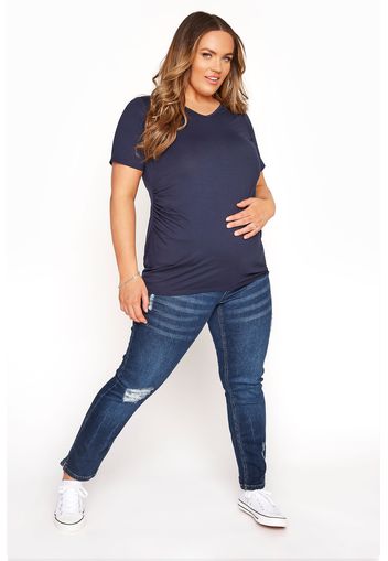 Bump it up blaue zerschlissene straight leg jeans mit elastischem baucheinsatz