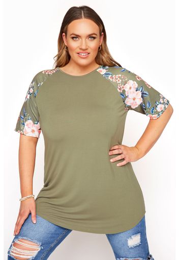 Große größen limited collection tshirt mit floralen raglanärmeln, khaki 56