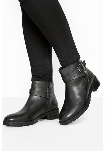 Schwarze leder stiefeletten mit schnallen, extra breite passform