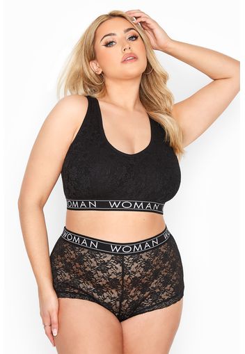 Schwarzes lounge bralette set aus spitze mit woman schriftzug