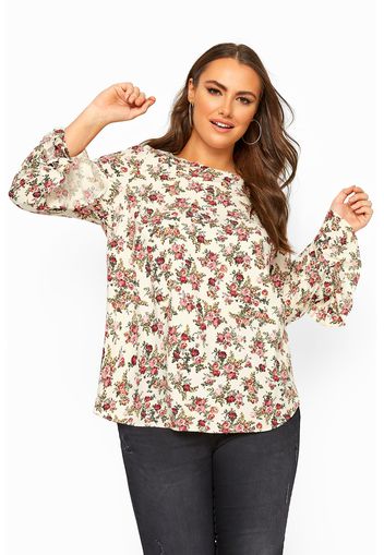 Große größen blumenbluse mit trompetenärmeln   weiß 56