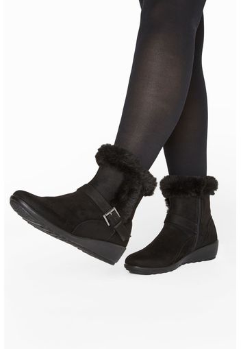 Schwarze keilabsatz stiefeletten aus veganem wildleder mit schnallen, extra breite passform