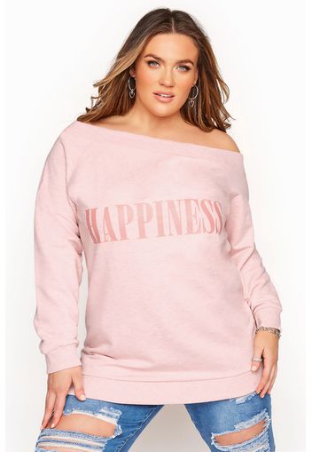 Große größen schulterfreies sweatshirt mit 'happiness' schriftzug, rosa 54-56