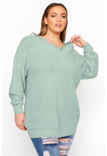 Große größen salbeigrüner oversized strickpullover mit spitzenbesatz 58-60