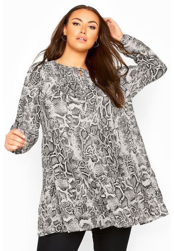 Große größen chiffon bluse mit schlangen print & grafftem saum, grau 42