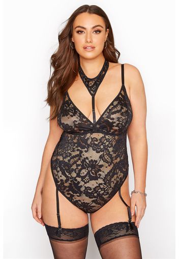 Schwarzer spitzen boudoir body mit halsmanschette